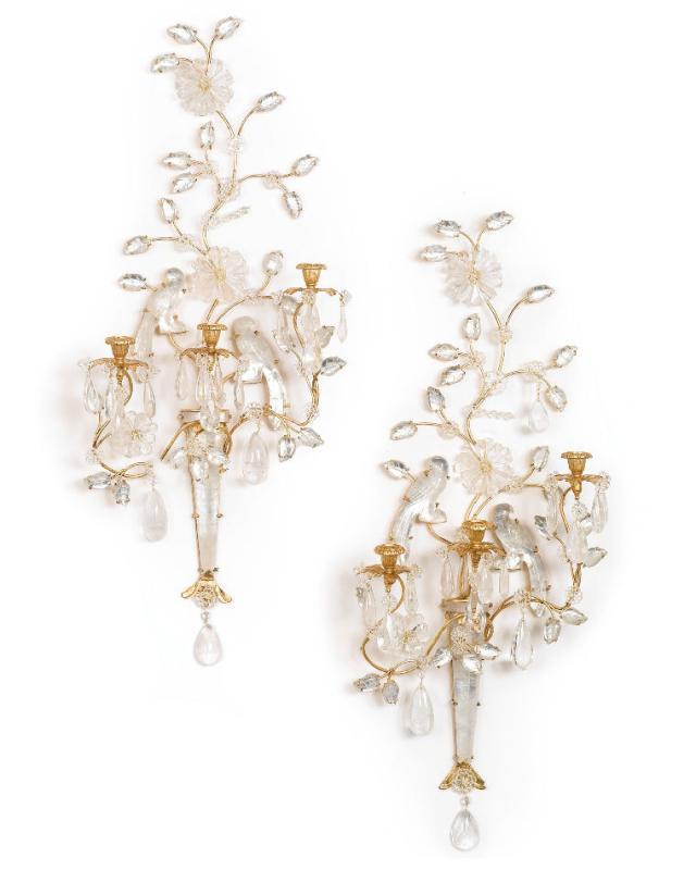 Pair Bagues Style Rock Crystal Gilt Metal Wall Appliques Sconces