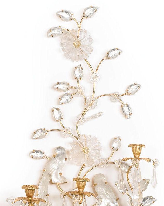 Pair Bagues Style Rock Crystal Gilt Metal Wall Appliques Sconces