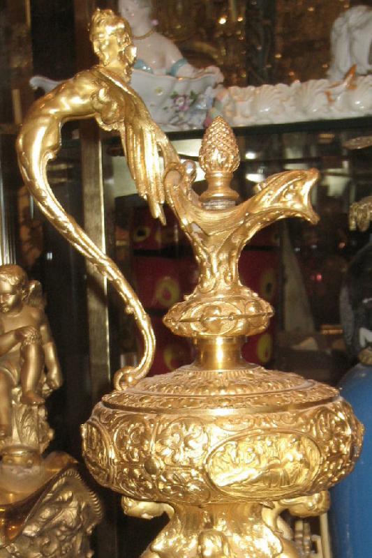 Pair Antique French Rococo Louis XV Style Ormolu Bronze Ewer Lamps After Clodion