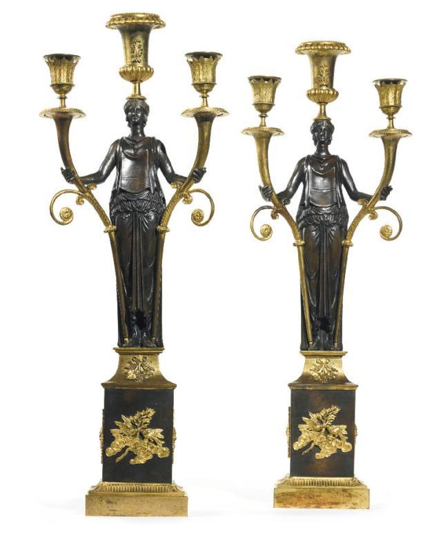 Pair Antique Figurative French Directoire Period Gilt Bronze Candelabra