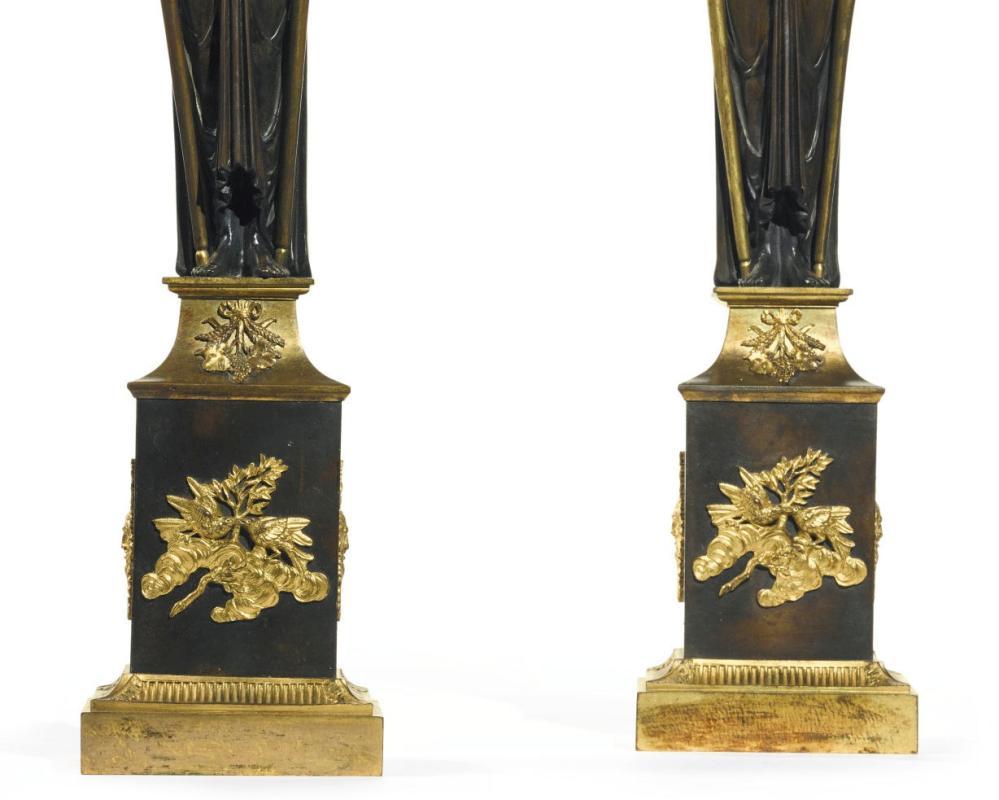 Pair Antique Figurative French Directoire Period Gilt Bronze Candelabra