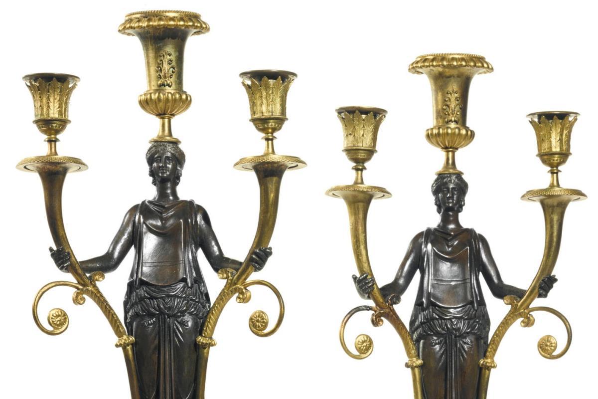 Pair Antique Figurative French Directoire Period Gilt Bronze Candelabra