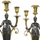 Pair Antique Figurative French Directoire Period Gilt Bronze Candelabra