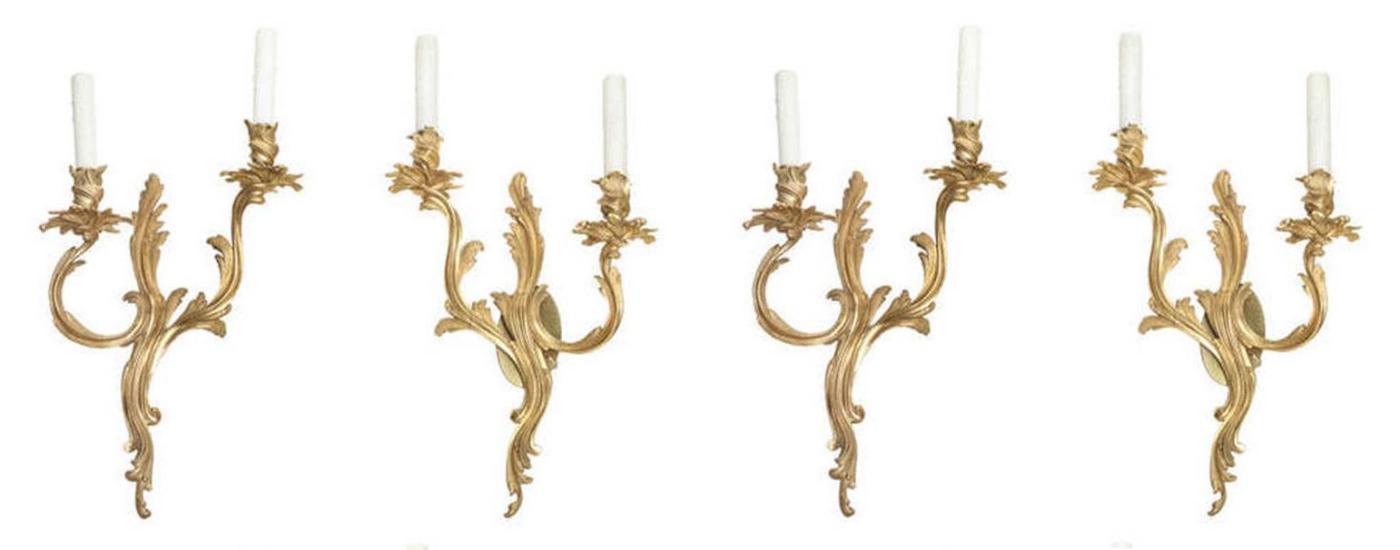 Set of 4 Gilt Bronze French Rococo Louis XV Style Wall Sconces