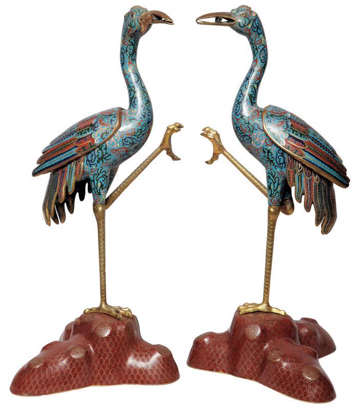 Pair Antique Chinese Cloisonne Crane Figures Censers Incense Burners