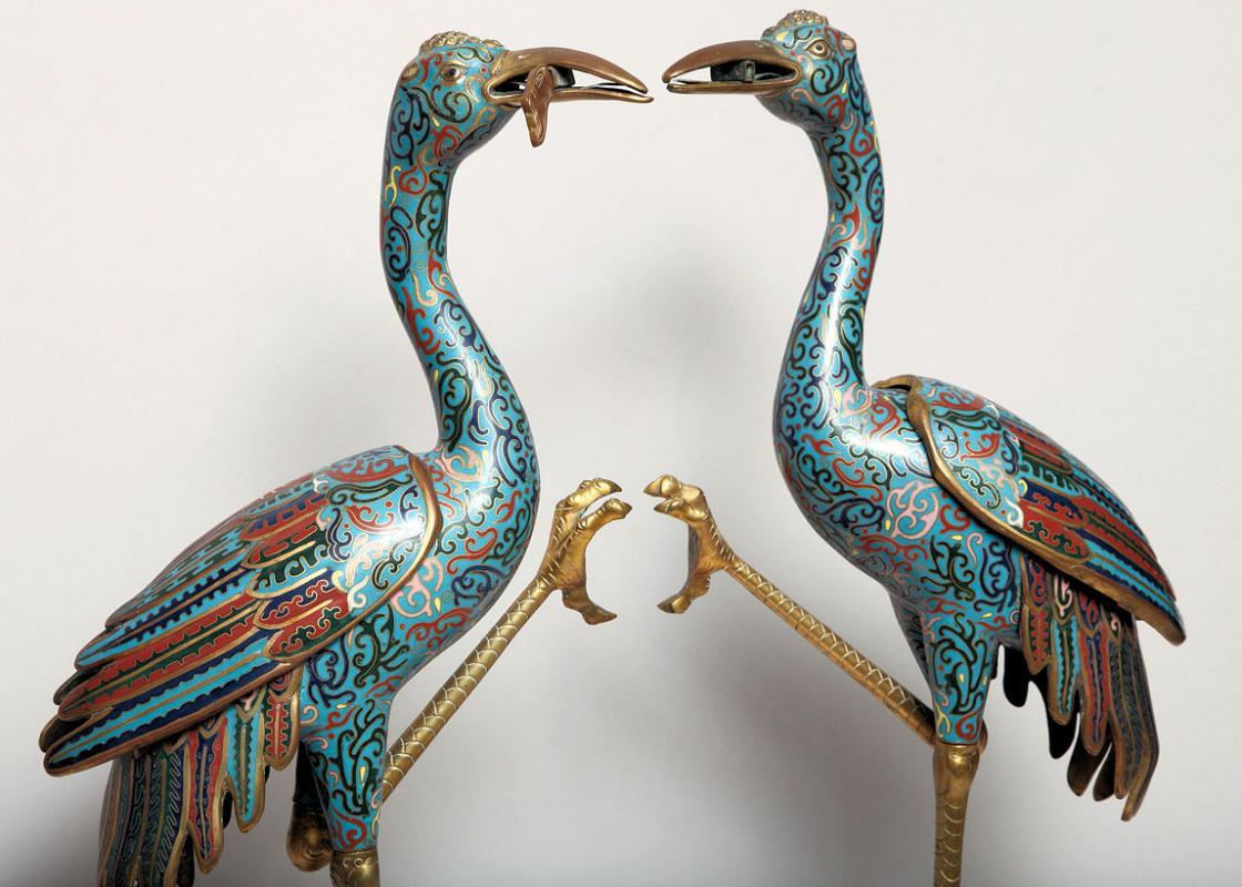 Pair Antique Chinese Cloisonne Crane Figures Censers Incense Burners