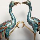 Pair Antique Chinese Cloisonne Crane Figures Censers Incense Burners