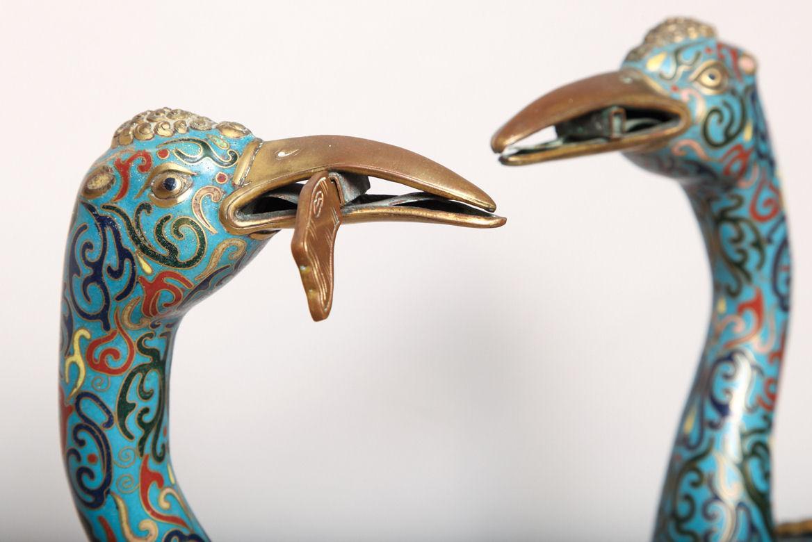 Pair Antique Chinese Cloisonne Crane Figures Censers Incense Burners