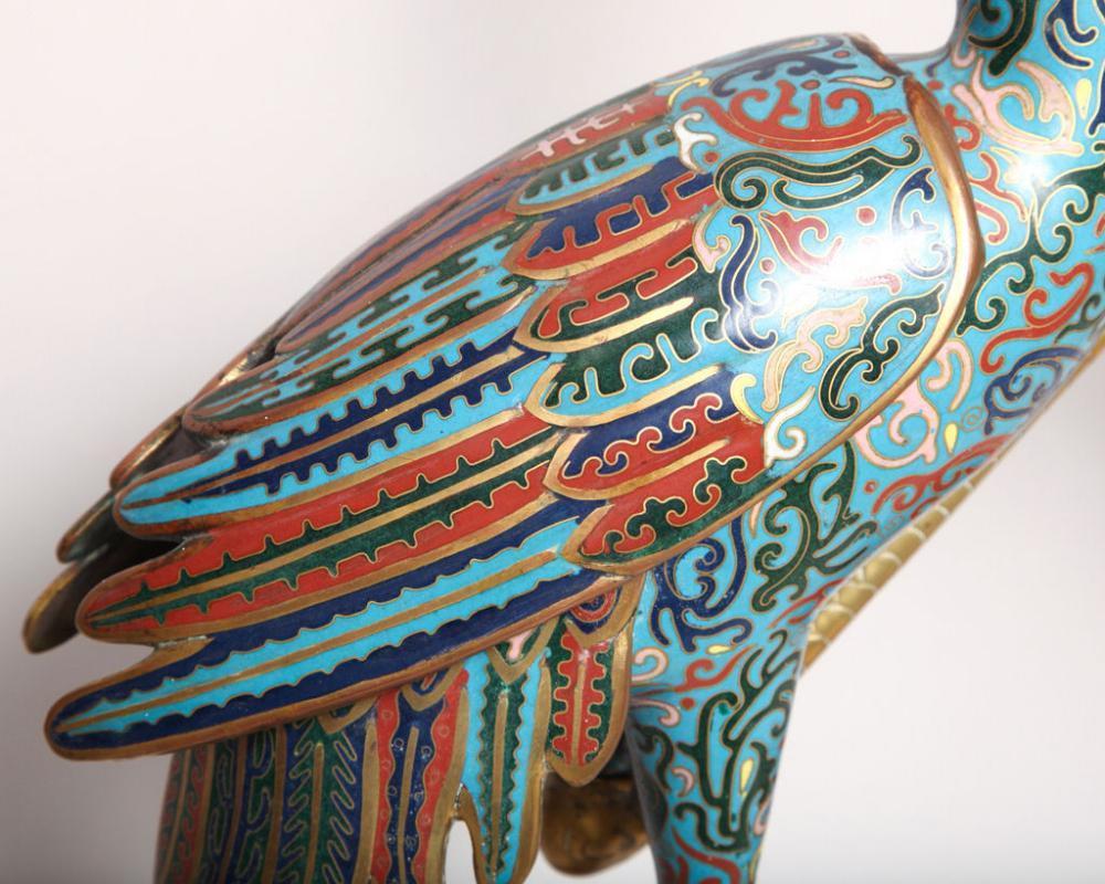 Pair Antique Chinese Cloisonne Crane Figures Censers Incense Burners