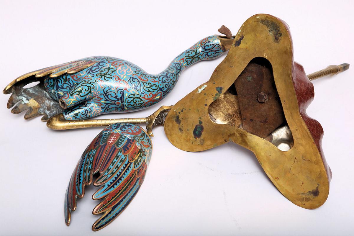 Pair Antique Chinese Cloisonne Crane Figures Censers Incense Burners