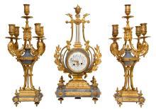 Antique Louis XVI Style Gilt Bronze & Marble Mantel Clock Garniture