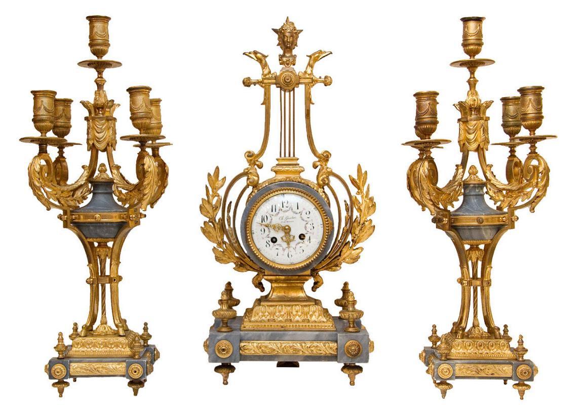 Antique Louis XVI Style Gilt Bronze & Marble Mantel Clock Garniture