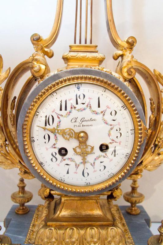 Antique Louis XVI Style Gilt Bronze & Marble Mantel Clock Garniture