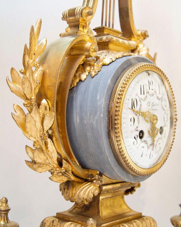 Antique Louis XVI Style Gilt Bronze & Marble Mantel Clock Garniture