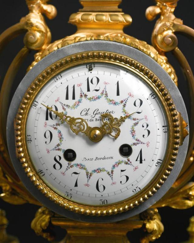 Antique Louis XVI Style Gilt Bronze & Marble Mantel Clock Garniture