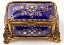 Antique French Enamel & Bronze Dresser Box Jewelry Casket Box