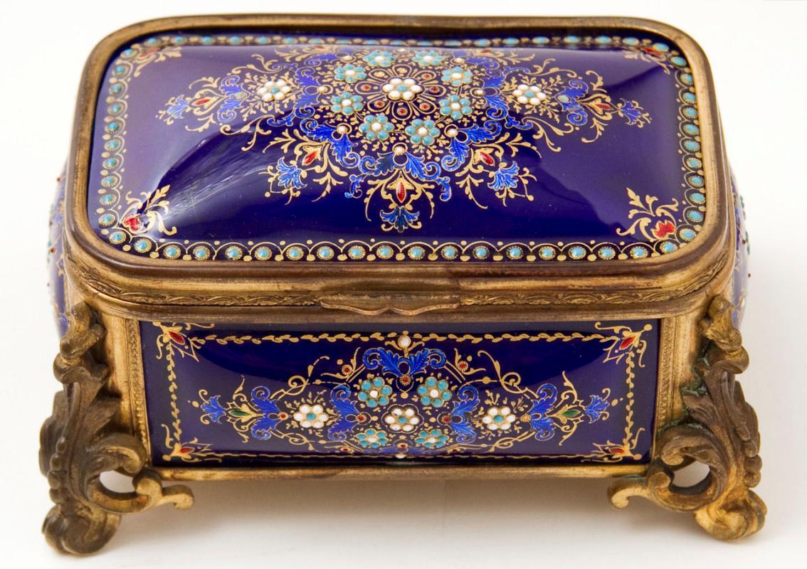 Antique French Enamel & Bronze Dresser Box Jewelry Casket Box