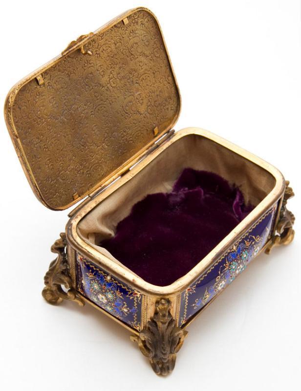 Antique French Enamel & Bronze Dresser Box Jewelry Casket Box