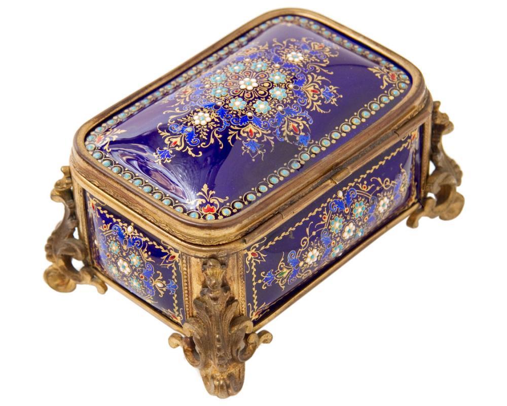 Antique French Enamel & Bronze Dresser Box Jewelry Casket Box