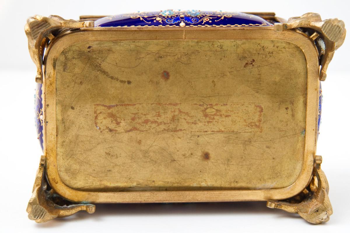 Antique French Enamel & Bronze Dresser Box Jewelry Casket Box