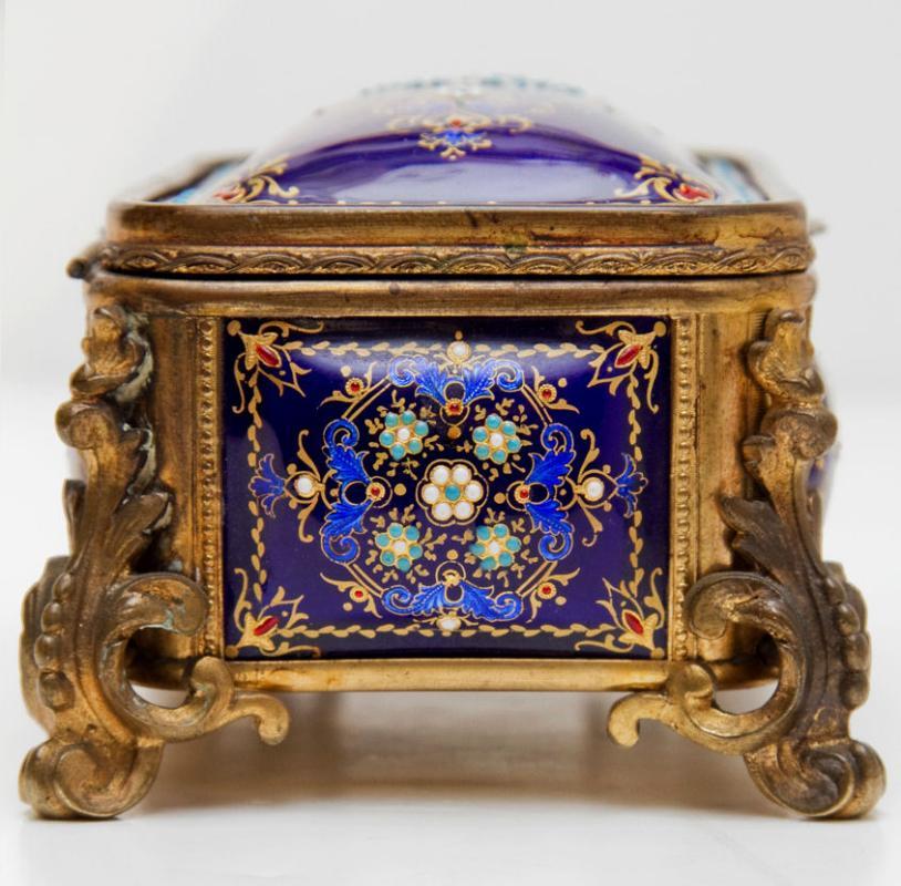 Antique French Enamel & Bronze Dresser Box Jewelry Casket Box