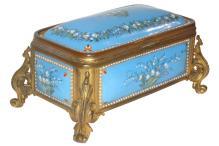 Antique French Blue Enamel & Bronze Dresser Box Jewelry Casket