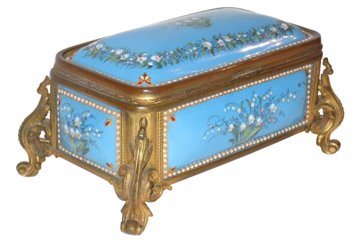 Antique French Blue Enamel & Bronze Dresser Box Jewelry Casket