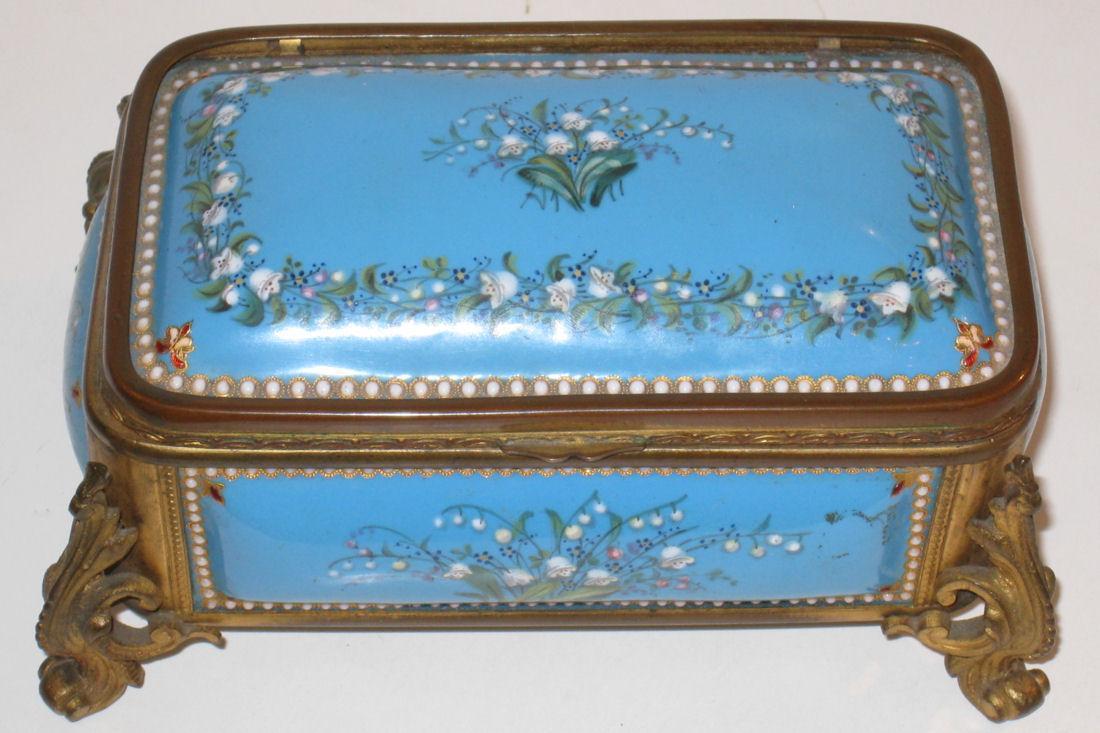 Antique French Blue Enamel & Bronze Dresser Box Jewelry Casket