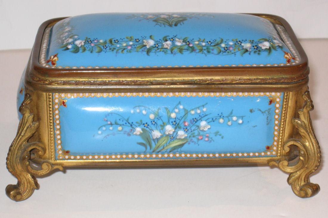 Antique French Blue Enamel & Bronze Dresser Box Jewelry Casket