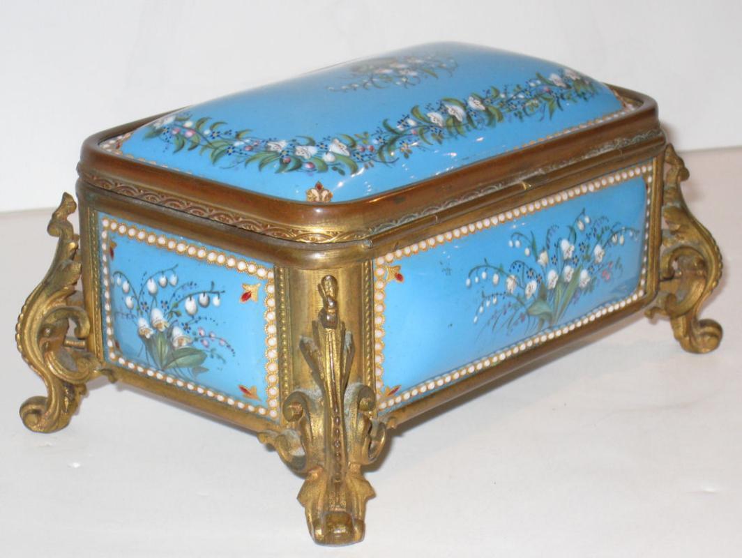 Antique French Blue Enamel & Bronze Dresser Box Jewelry Casket