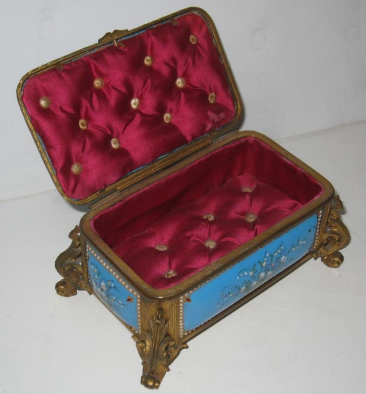 Antique French Blue Enamel & Bronze Dresser Box Jewelry Casket