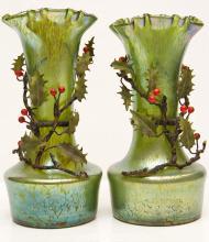 Pair Bohemian Iridescent Oil Spot Glass Vases with Metal Holly Branches Attributed to Loetz