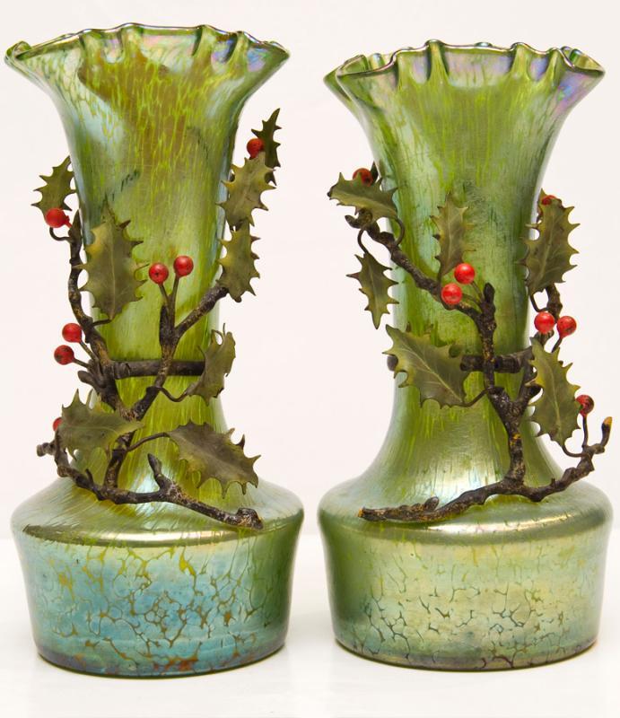 Pair Bohemian Iridescent Oil Spot Glass Vases with Metal Holly Branches Attributed to Loetz
