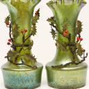 Pair Bohemian Iridescent Oil Spot Glass Vases with Metal Holly Branches Attributed to Loetz