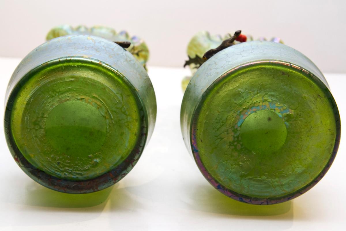Pair Bohemian Iridescent Oil Spot Glass Vases with Metal Holly Branches Attributed to Loetz