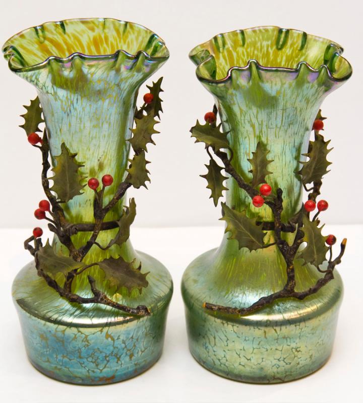 Pair Bohemian Iridescent Oil Spot Glass Vases with Metal Holly Branches Attributed to Loetz