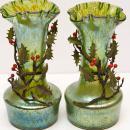 Pair Bohemian Iridescent Oil Spot Glass Vases with Metal Holly Branches Attributed to Loetz