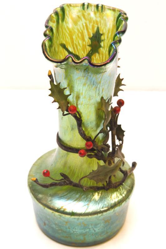 Pair Bohemian Iridescent Oil Spot Glass Vases with Metal Holly Branches Attributed to Loetz