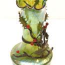 Pair Bohemian Iridescent Oil Spot Glass Vases with Metal Holly Branches Attributed to Loetz