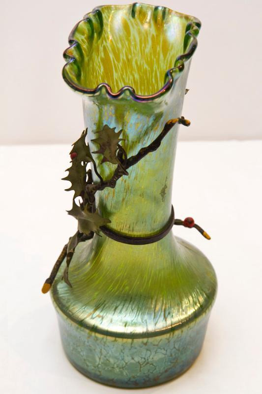 Pair Bohemian Iridescent Oil Spot Glass Vases with Metal Holly Branches Attributed to Loetz
