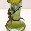 Pair Bohemian Iridescent Oil Spot Glass Vases with Metal Holly Branches Attributed to Loetz