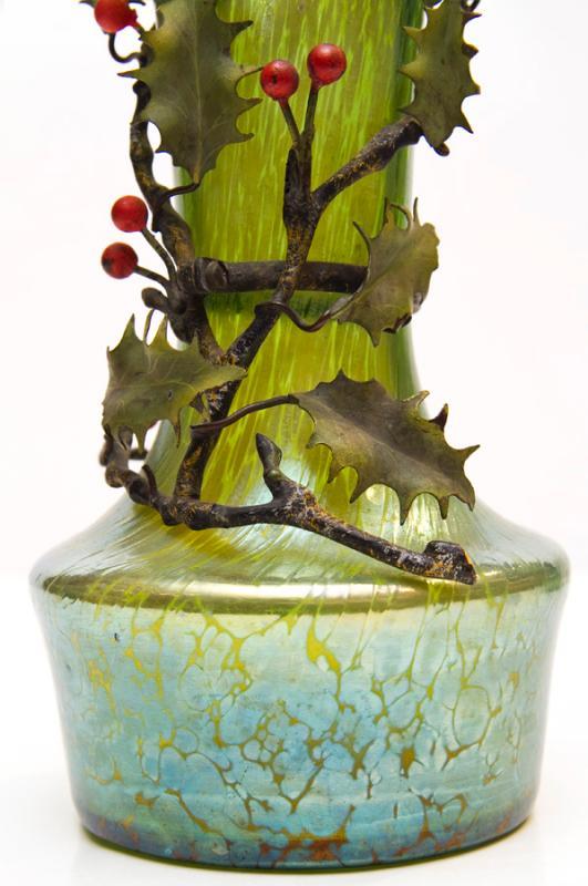 Pair Bohemian Iridescent Oil Spot Glass Vases with Metal Holly Branches Attributed to Loetz