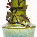 Pair Bohemian Iridescent Oil Spot Glass Vases with Metal Holly Branches Attributed to Loetz