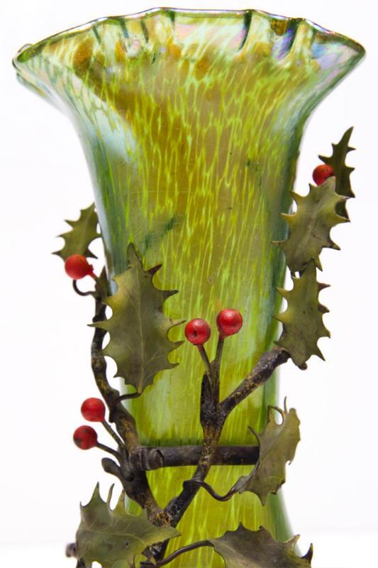 Pair Bohemian Iridescent Oil Spot Glass Vases with Metal Holly Branches Attributed to Loetz