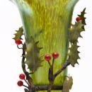 Pair Bohemian Iridescent Oil Spot Glass Vases with Metal Holly Branches Attributed to Loetz