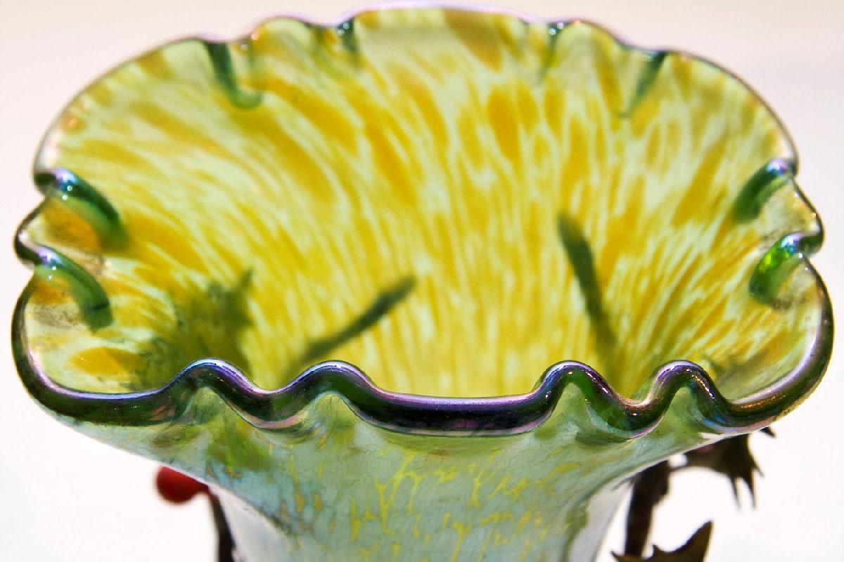 Pair Bohemian Iridescent Oil Spot Glass Vases with Metal Holly Branches Attributed to Loetz