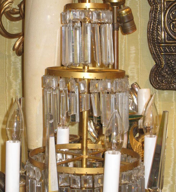Pair Russian Bronze & Crystal Girandole Candelabra Table Lamps