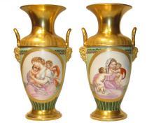 Pair Antique Paris Porcelain Greek Revival Potpourri Vases