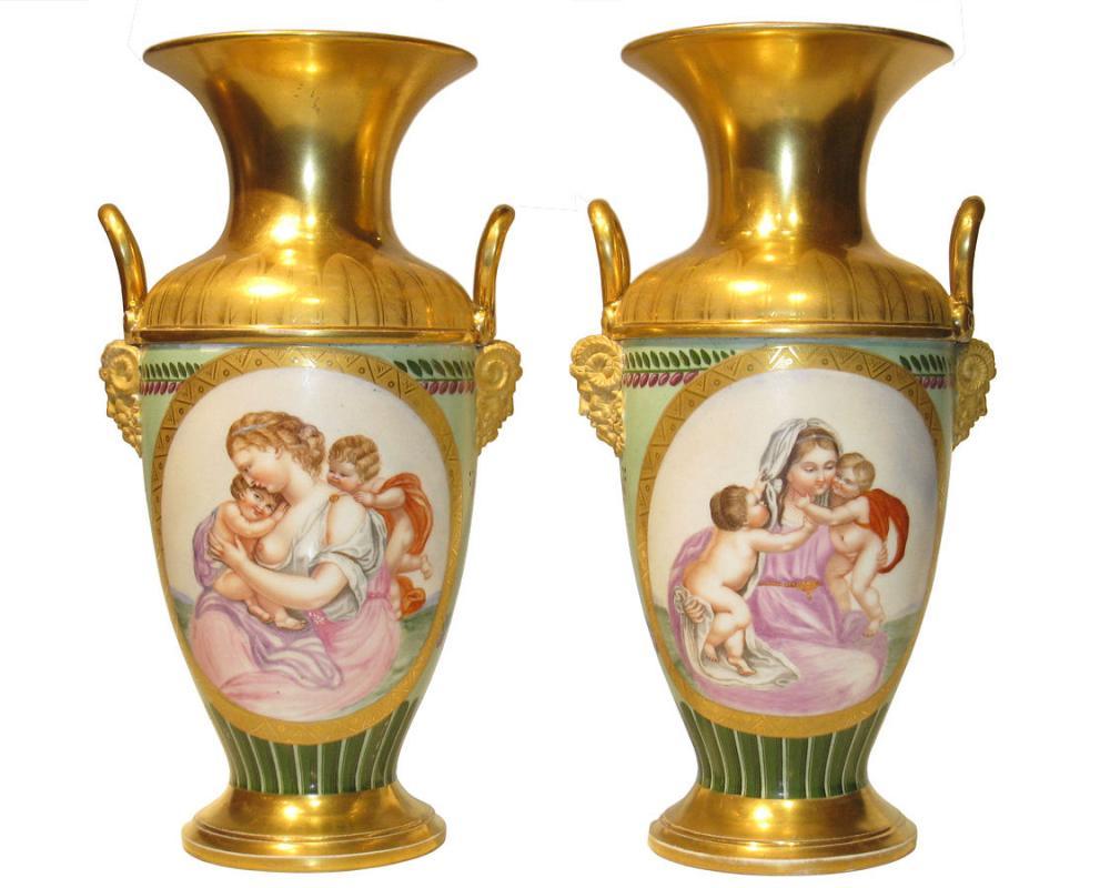 Pair Antique Paris Porcelain Greek Revival Potpourri Vases