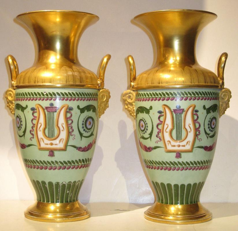 Pair Antique Paris Porcelain Greek Revival Potpourri Vases